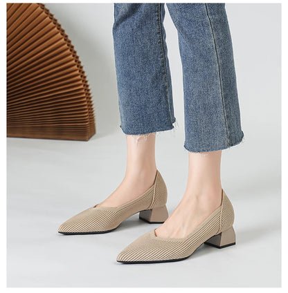 2025 New Women's High Heels Large 42/43 Fashion Pointed Anti slip Rubber Bottom Knitted Breathable Shoes