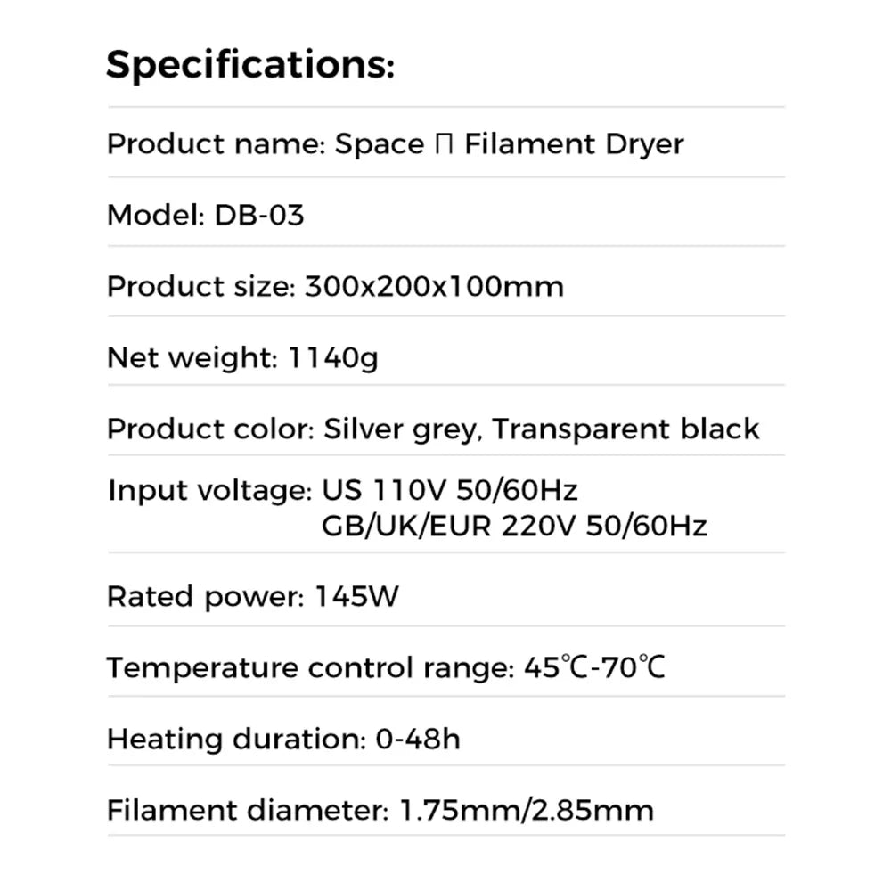 Creality Space Pi/Plus Filament Dryer Box 1KG Filament Storage Keeping Dry Adjustable Temperature 45℃-70℃ Hot-air Heating 48h