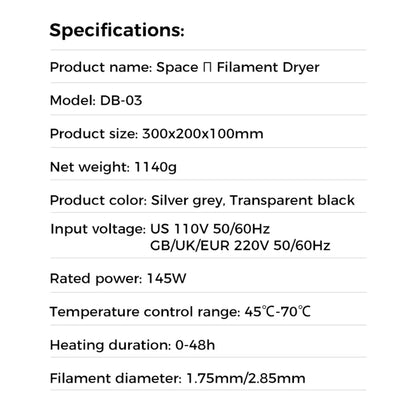 Creality Space Pi/Plus Filament Dryer Box 1KG Filament Storage Keeping Dry Adjustable Temperature 45℃-70℃ Hot-air Heating 48h