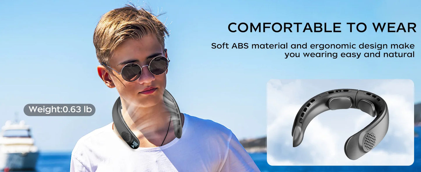 4000mAh Leafless Portable Neck Fan Turbine Vaneless Design 3 Gears Super Strong Wind Fast Cooling Digital Display for Outdoor