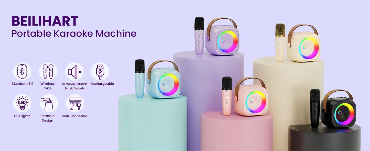 Haomuren Portable Karaoke Machine with Wireless 1 or 2 Microphone Mini Bluetooth Speaker for Children Singing Family Party Gift