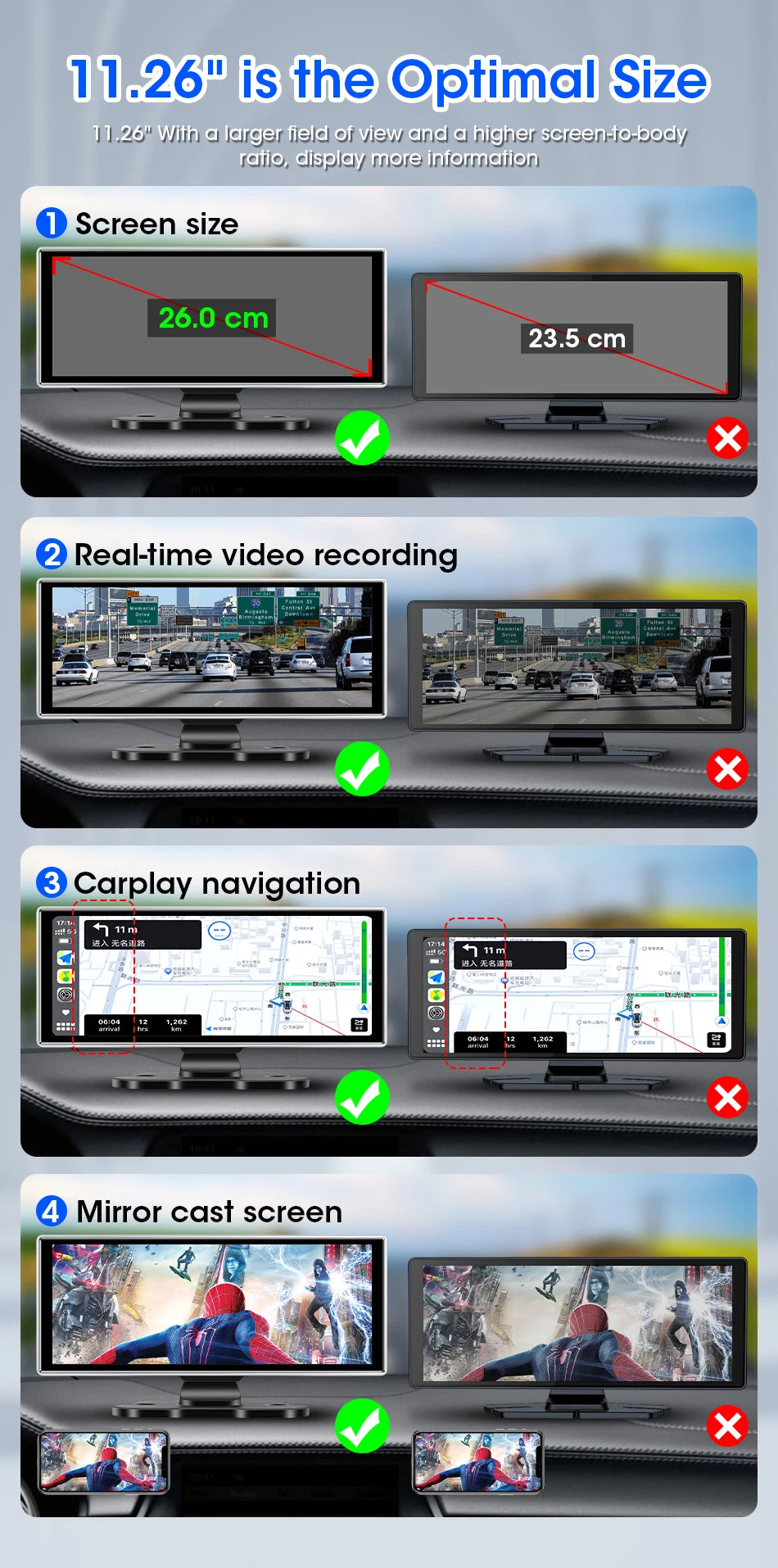 10/11.26 Inch 4K DVR Wireless CarPlay & Android Auto Dash Cam Bluetooth Audio GPS Navigation Dashboard Dual Lens Video Recorder
