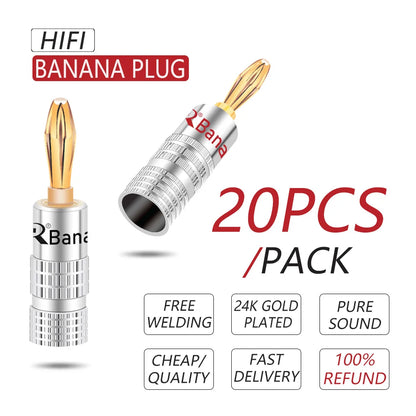 20pcs/10pairs BANANA PLUGS 24K Gold-plated 4MM Banana Connector with Screw Lock For Audio Jack Speaker Plugs Black&Red