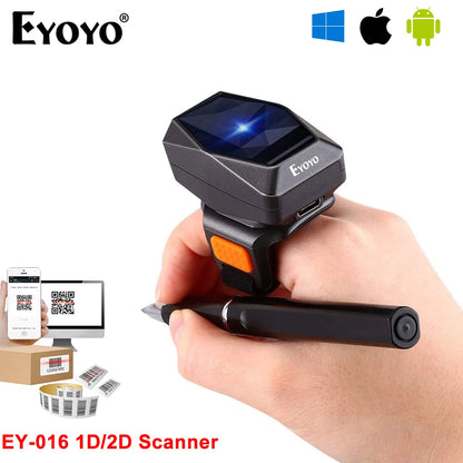 Eyoyo EY-016 Finger Ring Barcode Scanner Mini Wearable 3-in-1 USB Wired & 2.4G Wireless QR Reader for Store Warehouse Scanning