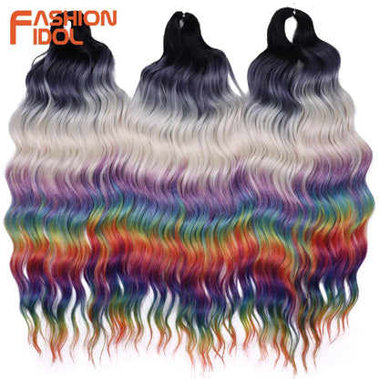FASHION IDOL 24Inch Crochet Hair Synthetic Water Wave Braiding Hair Extensions Ombre Rainbow color Fake Hair Deep Wave Curl Hair