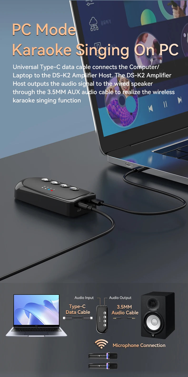 New DS-K2 Karaoke Companion Bluetooth Wireless Moving-Coil Microphone With RGB Light KTV DSP Mixer System For Wired Speaker Car