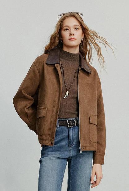 TOYOUTH Women Jacket coat 2025 Autumn New Vingtage Barn Style Suede Leather Patchwork Collar Jacket Brown