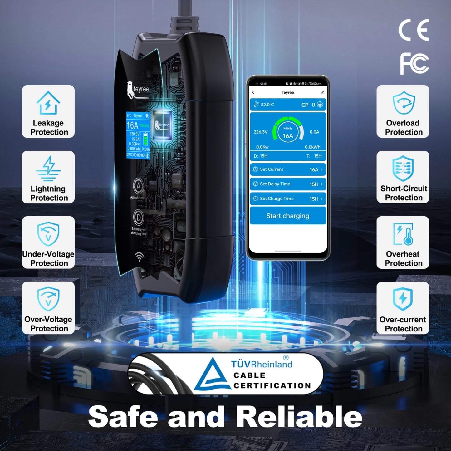 feyree Portable EV Charger Type2 IEC62196-2 EVSE Fast Charging 3.5M Cable EVSE Wallbox WiFi APP Bluetooth Wireless Control