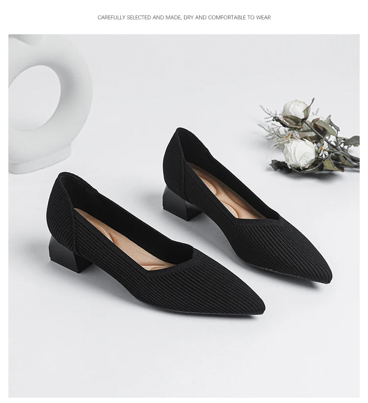 2025 New Women's High Heels Large 42/43 Fashion Pointed Anti slip Rubber Bottom Knitted Breathable Shoes
