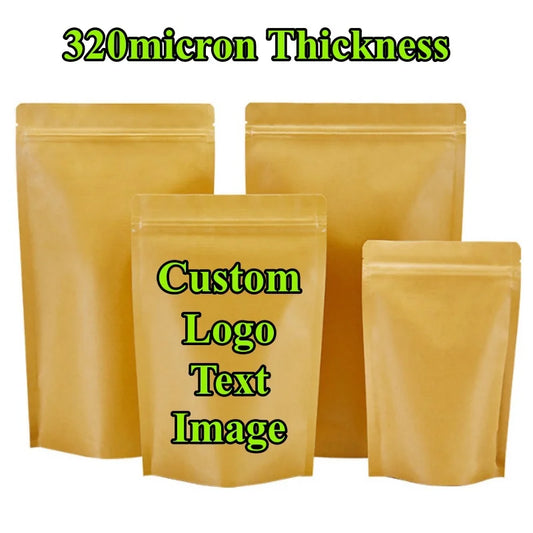 100PCS Stand-up Kraft Paper Foil Ziplock Storage Bag DIY Custom Logo Matcha Cocoa Powder Coffee Tea Spice Candy Beaf Pouches