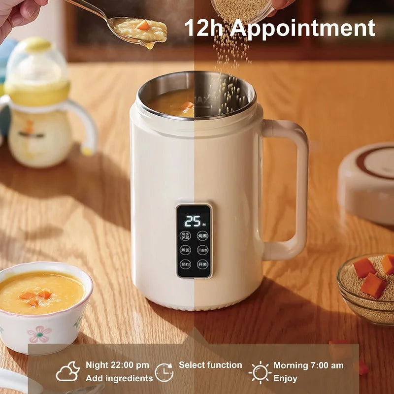500W Electric Kettle 12h Appointment Porridge Special Pot Portable 304 Stainless Steel Health Cup Multifunctional Rice Cooker 1L