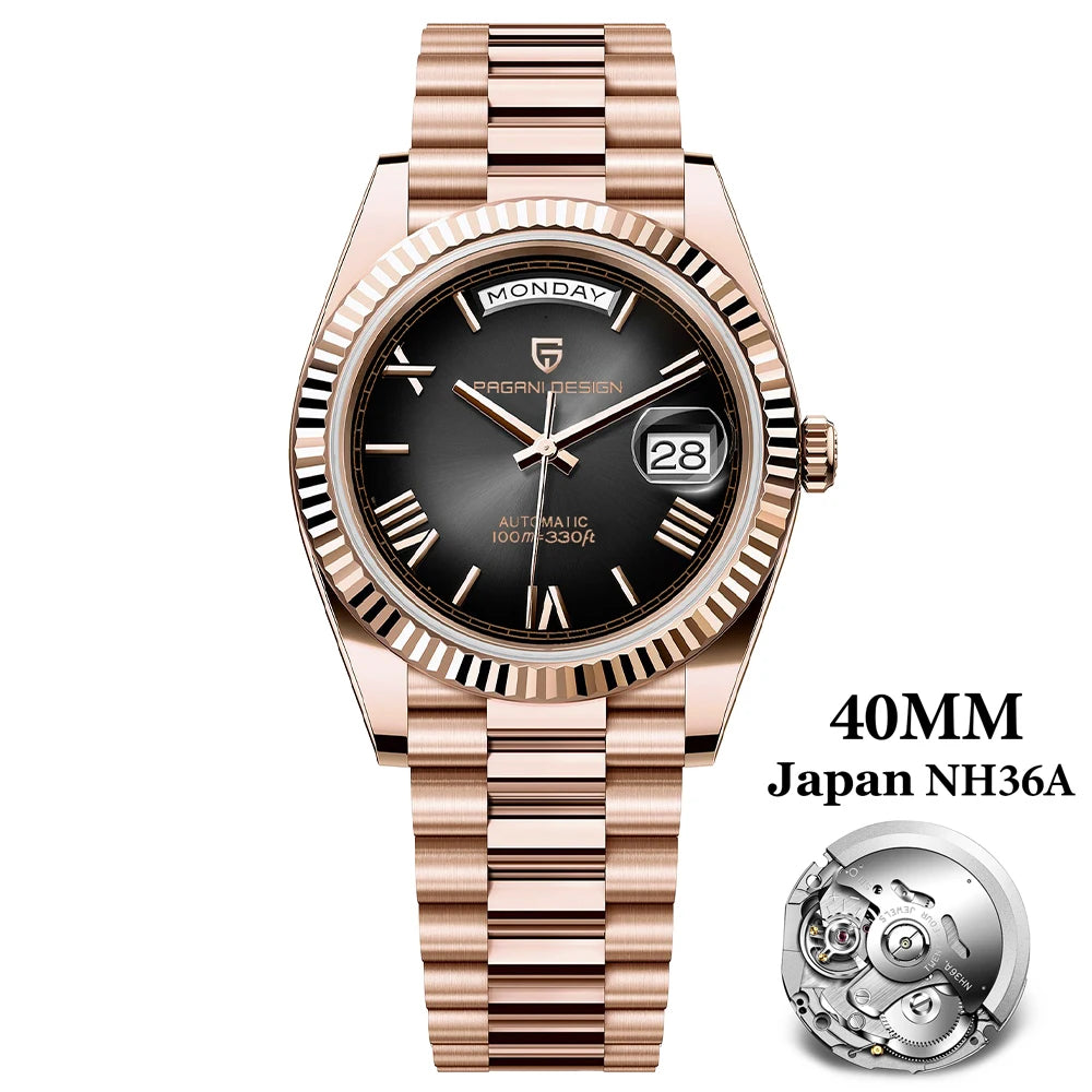 PAGANI DESIGN 2025 New Gold Green 40MM Date Week Men's Watches Automatic Watch Men AR Sapphire Glass NH36A Mechanical Wristwatch
