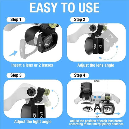 ABUP-Jewelers Magnifying Glass For Close Work, Glasses With Light& 5 Interchangeable Lens Pairs(2X 4X 6X 10X 13X), Includes Head
