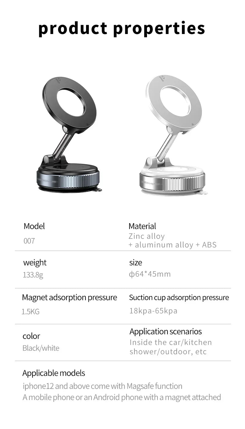 K007 Strong Magnetic Car Phone Holder Foldable Design 360° Adjustable Vacuum Mount for Car/Desk/Bathroom/Universal Use Holder