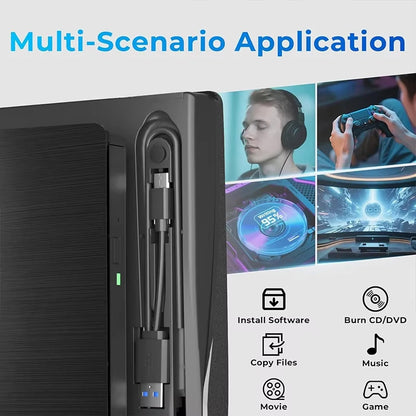 USB 3.0 Type-C External CD DVD Drive, USB 2.0 Slim Protectable External CD-RW Drive DVD-ROM  Player for Laptops Desktop PCs