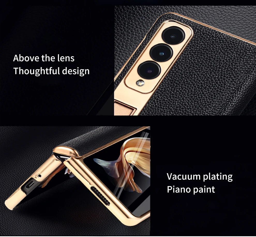 LANGSIDI Leather Case for Samsung Galaxy Z Fold 6 5 4 3 Fold6 Fold5 Gold Plating Magnetic Hinge Stand Cover with Mirror Film