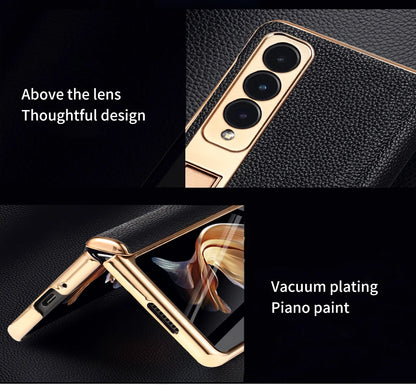 LANGSIDI Leather Case for Samsung Galaxy Z Fold 6 5 4 3 Fold6 Fold5 Gold Plating Magnetic Hinge Stand Cover with Mirror Film