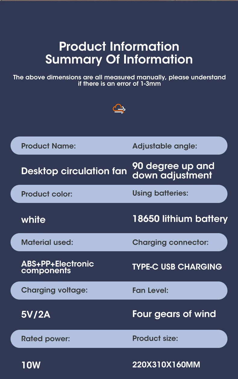 Desktop Air Circulation Fan Silent Rechargeable Fan Wall Mounted Fan 4000mAh Electric Table Fan