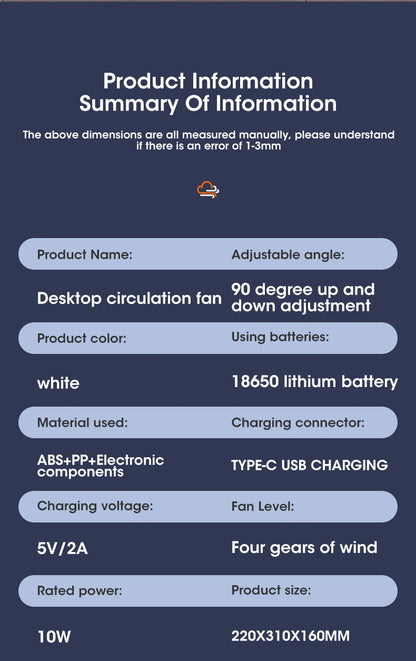 Desktop Air Circulation Fan Silent Rechargeable Fan Wall Mounted Fan 4000mAh Electric Table Fan
