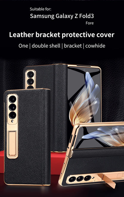 LANGSIDI Leather Case for Samsung Galaxy Z Fold 6 5 4 3 Fold6 Fold5 Gold Plating Magnetic Hinge Stand Cover with Mirror Film