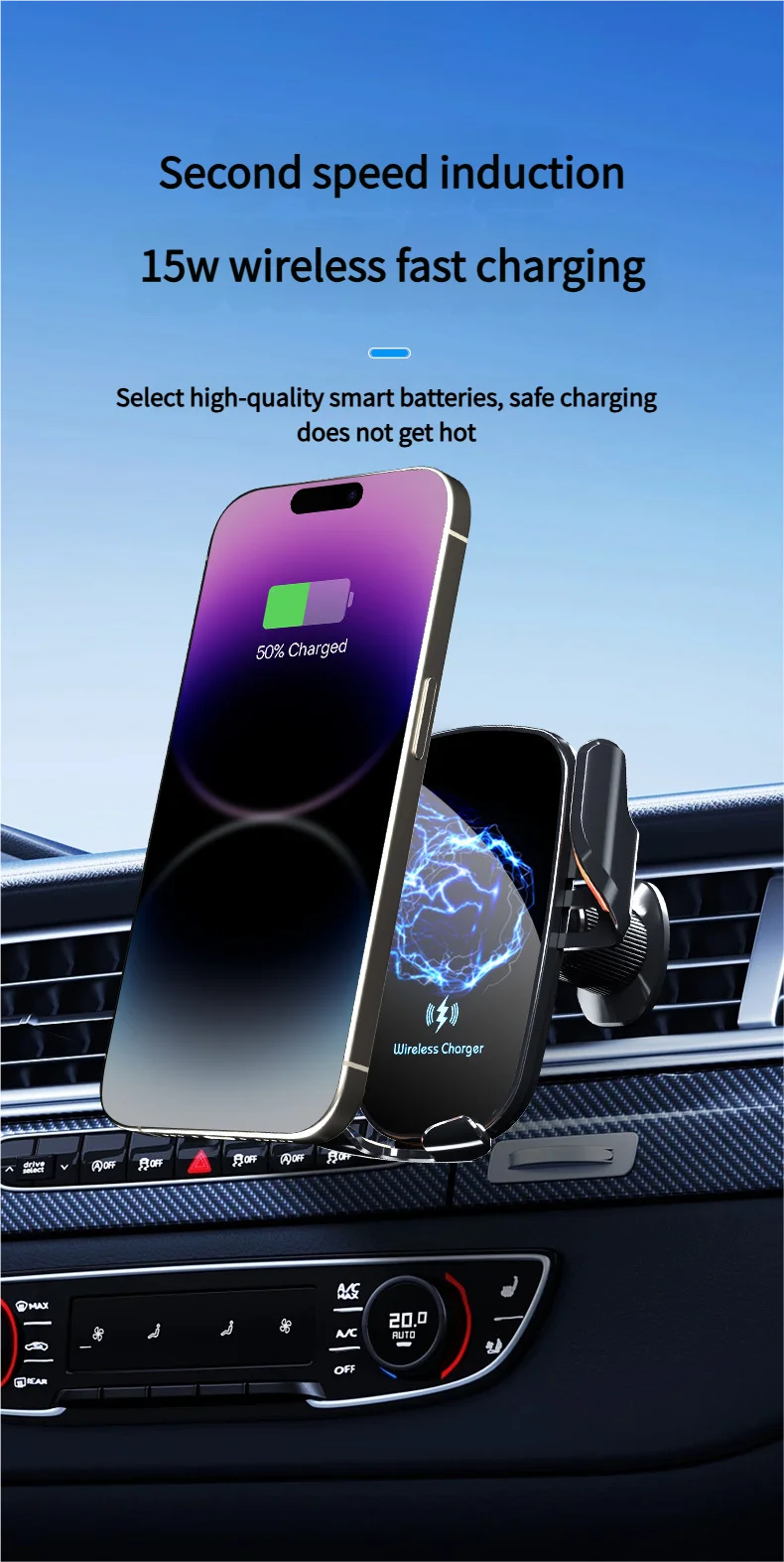 Smart Induction Car Phone Holder 15W Fast Charging Suitable For Dashboard Windshield Air Outlet Universal Automotive Supplies