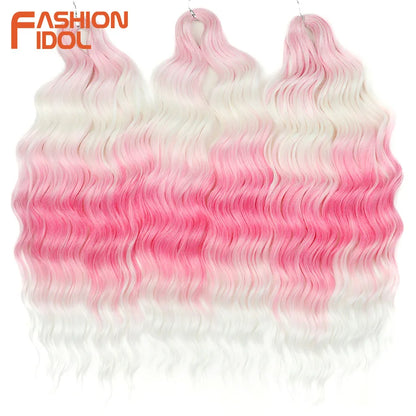 FASHION IDOL 24Inch Crochet Hair Synthetic Water Wave Braiding Hair Extensions Ombre Rainbow color Fake Hair Deep Wave Curl Hair