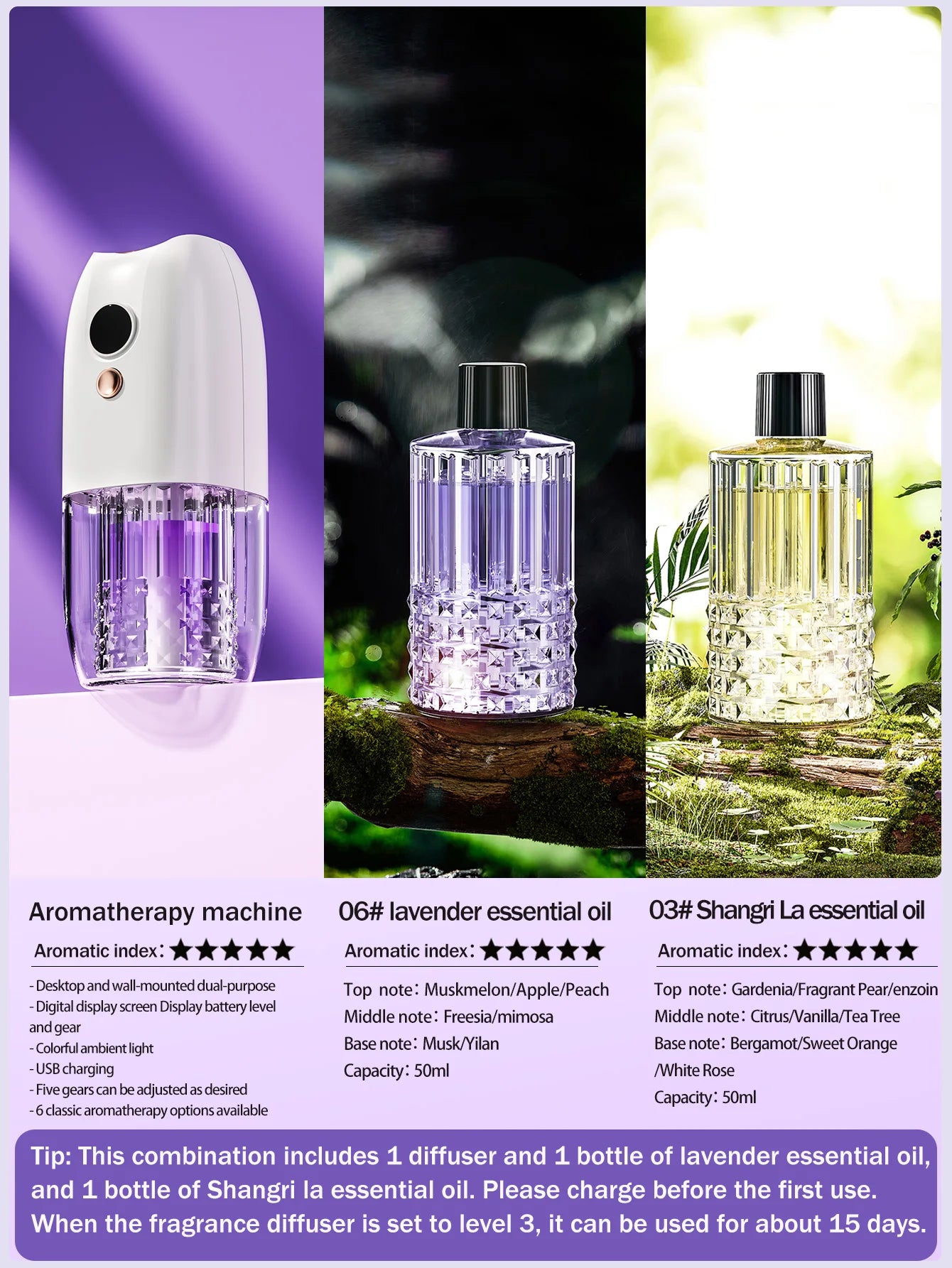 Multifunctional rechargeable portable essential oil diffuser Multiple aroma aromatherapy essential oils can be used in home cars