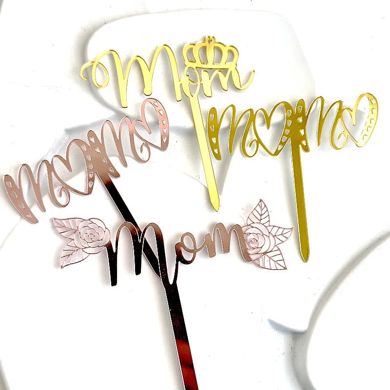 New Happy Mother's Day Birthday Cake Topper Gold High-grade Acrylic MOM Party Cake Toppers Mother's Day Gifts Dessert Decoration