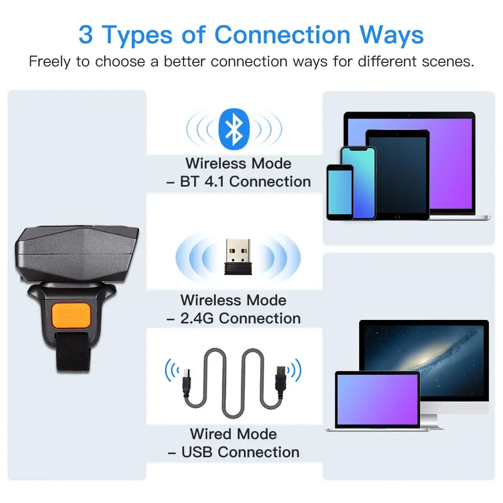 Eyoyo EY-016 Finger Ring Barcode Scanner Mini Wearable 3-in-1 USB Wired & 2.4G Wireless QR Reader for Store Warehouse Scanning