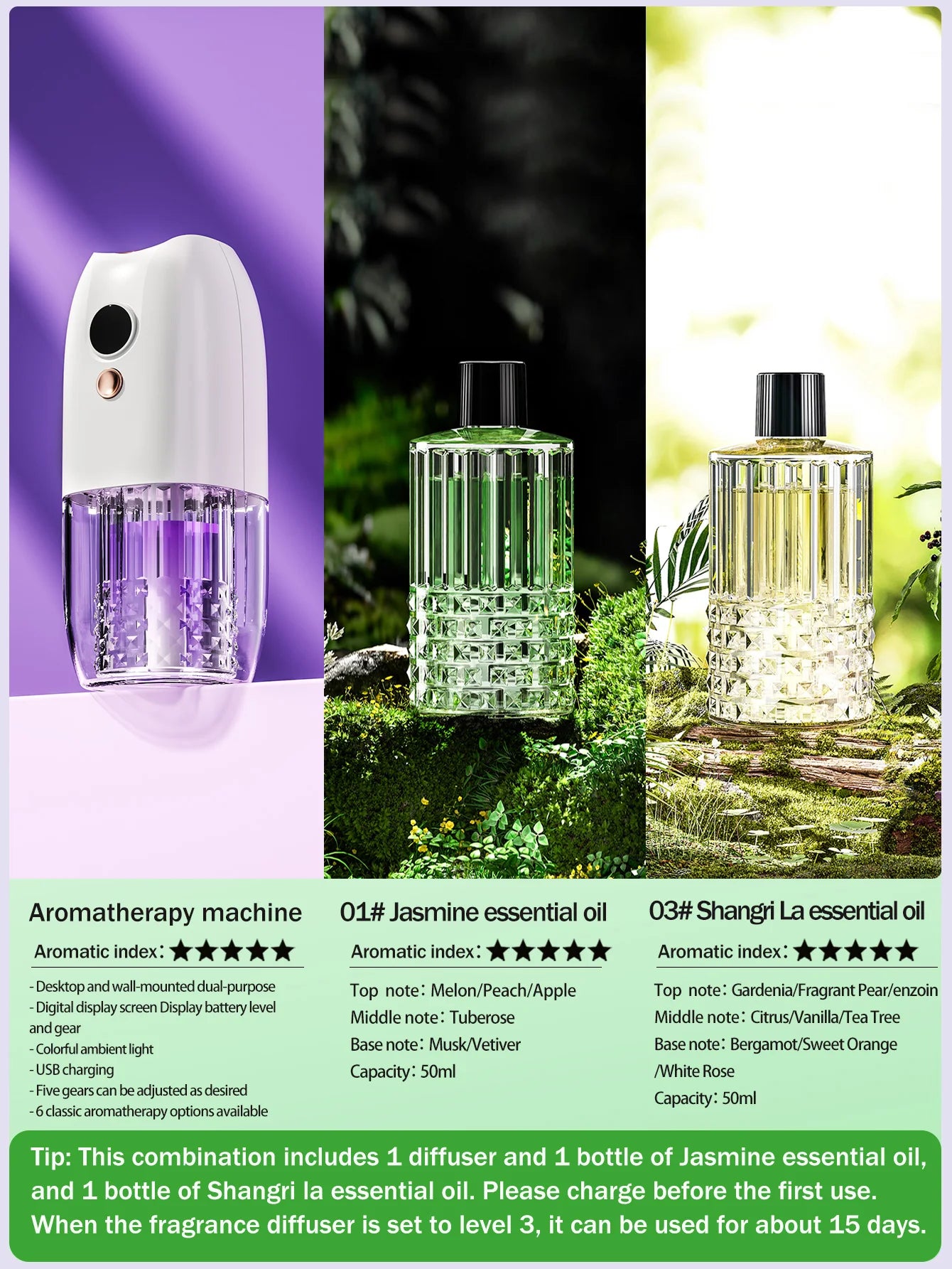 Multifunctional rechargeable portable essential oil diffuser Multiple aroma aromatherapy essential oils can be used in home cars