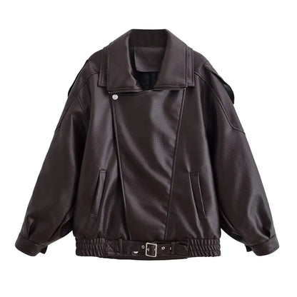 HH Autumn Faux Leather Jacket For Women Casual Solid Long Sleeve Zipper Pu Leather Coats New Fashion Female Streetwear