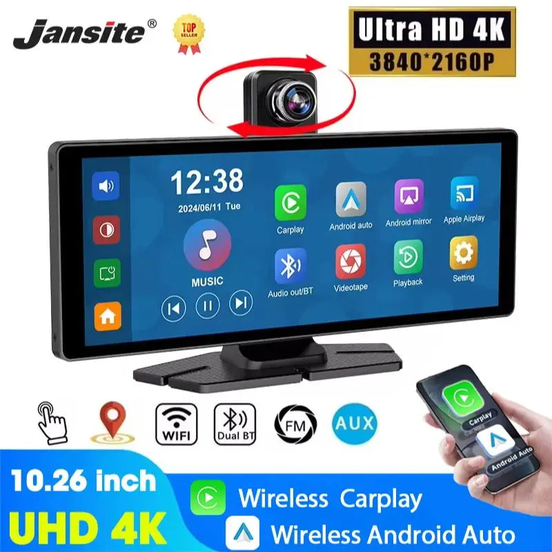 7"/10.26" 4K Dash Cam Wireless Carplay Android Auto 350° Rotating Lens Car DVR GPS Navigation Dashboard Video Recorder Bluetooth