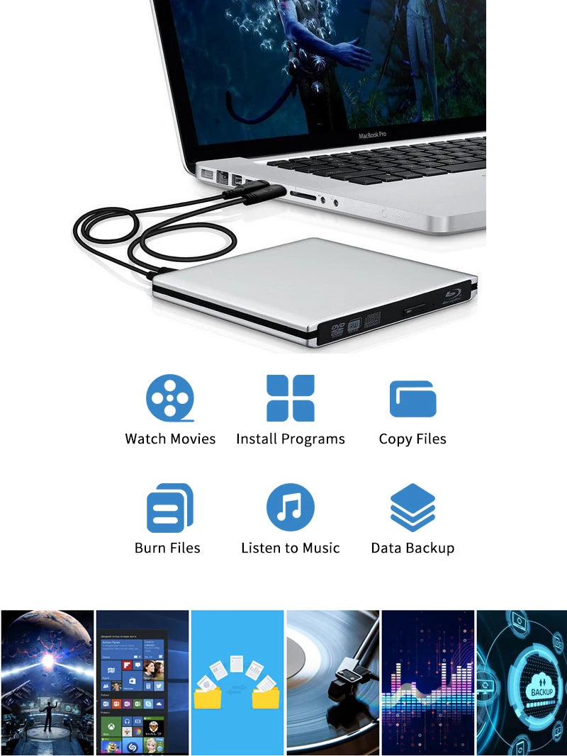 External USB3.0 Bluray Burner Writer Optical BD-RE Recorder 3D BD-ROM Blu-Ray Reader Bluray Play DVD Recorder for Laptop/Desktop