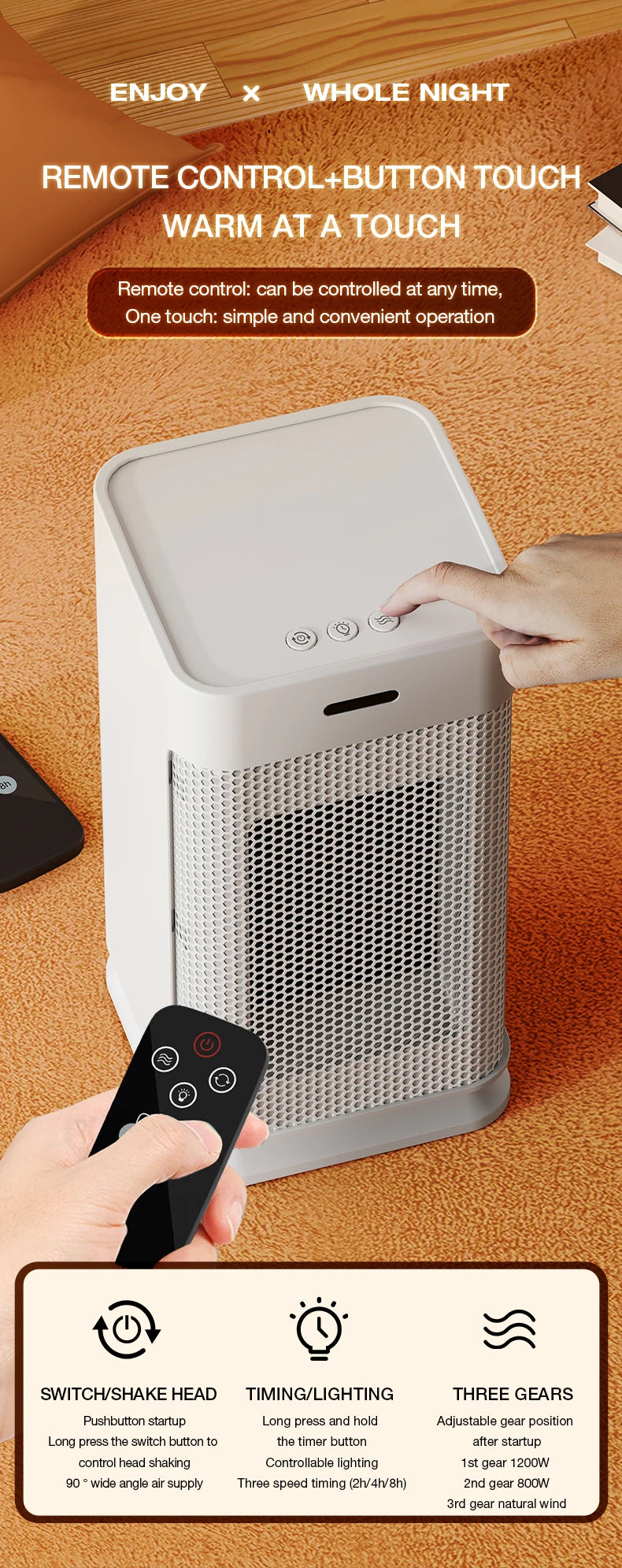 Portable PTC ceramic electric heater with multi-stage adjustment, silent, small household fan and night light heater.