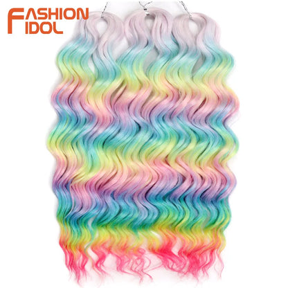 FASHION IDOL 24Inch Crochet Hair Synthetic Water Wave Braiding Hair Extensions Ombre Rainbow color Fake Hair Deep Wave Curl Hair