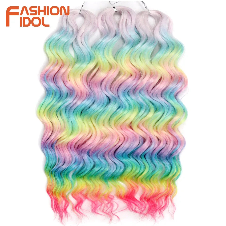FASHION IDOL 24Inch Crochet Hair Synthetic Water Wave Braiding Hair Extensions Ombre Rainbow color Fake Hair Deep Wave Curl Hair
