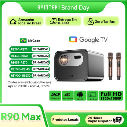 BYINTEK R90 Max 1080P Projector 4K Full HD DLP 2200 ANSI Lumens Android TV 13.0  3D 4K Supported Smart  Home Theater  Projector