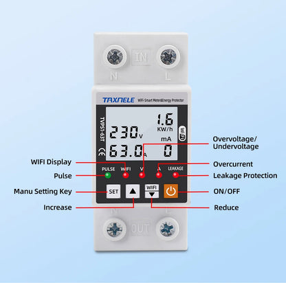 63A TUYA  WiFi Smart Earth Leakage Over Under Voltage Protector Relay Device Switch Breaker Energy Power kWh Meter Smart Life