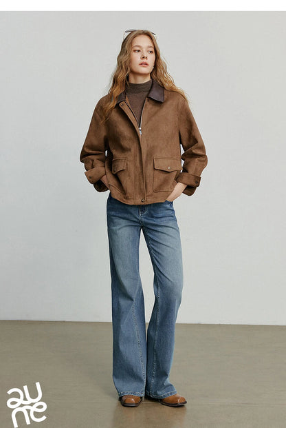 TOYOUTH Women Jacket coat 2025 Autumn New Vingtage Barn Style Suede Leather Patchwork Collar Jacket Brown