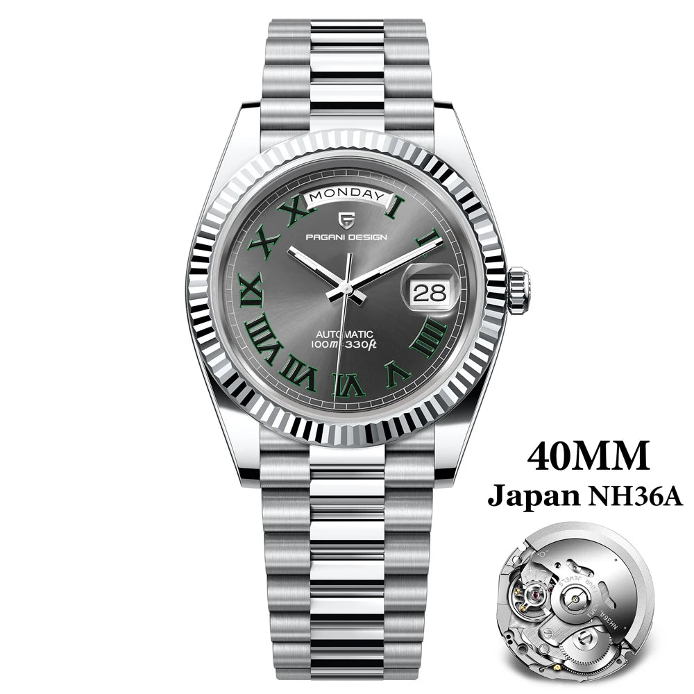 PAGANI DESIGN 2025 New Gold Green 40MM Date Week Men's Watches Automatic Watch Men AR Sapphire Glass NH36A Mechanical Wristwatch