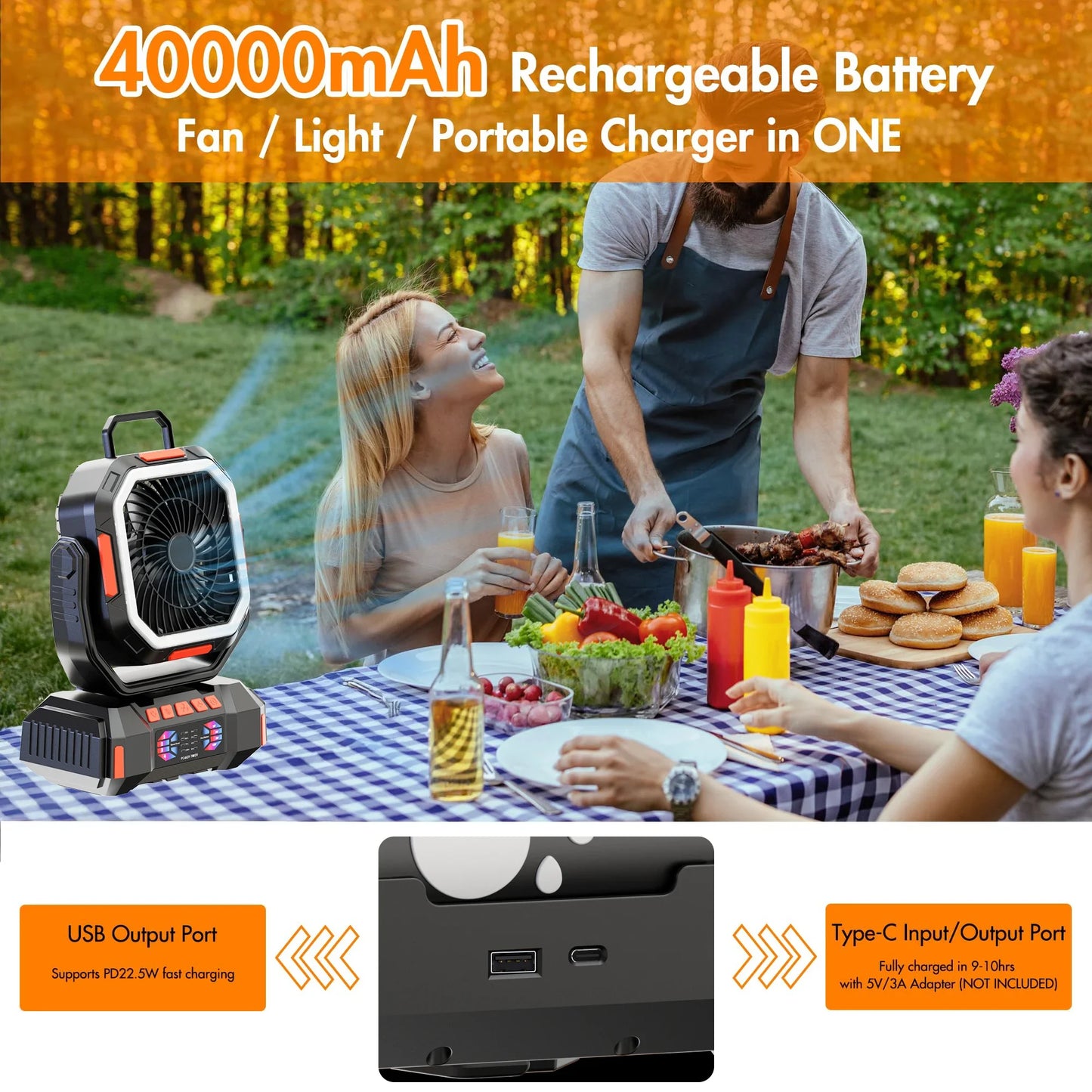 Portable Camping Fan with 40000mAh Battery Powerful Wind Stepless Speed Regulation and Fast Charging Outdoor Camping Essentials