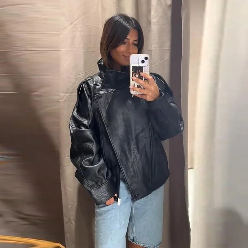 Vintage PU Leather Bomber Jackets 2025 Autumn New Ladies Zipper Lapel Long Sleeve Pocket Coat With Belt Women's Loose Streetwear