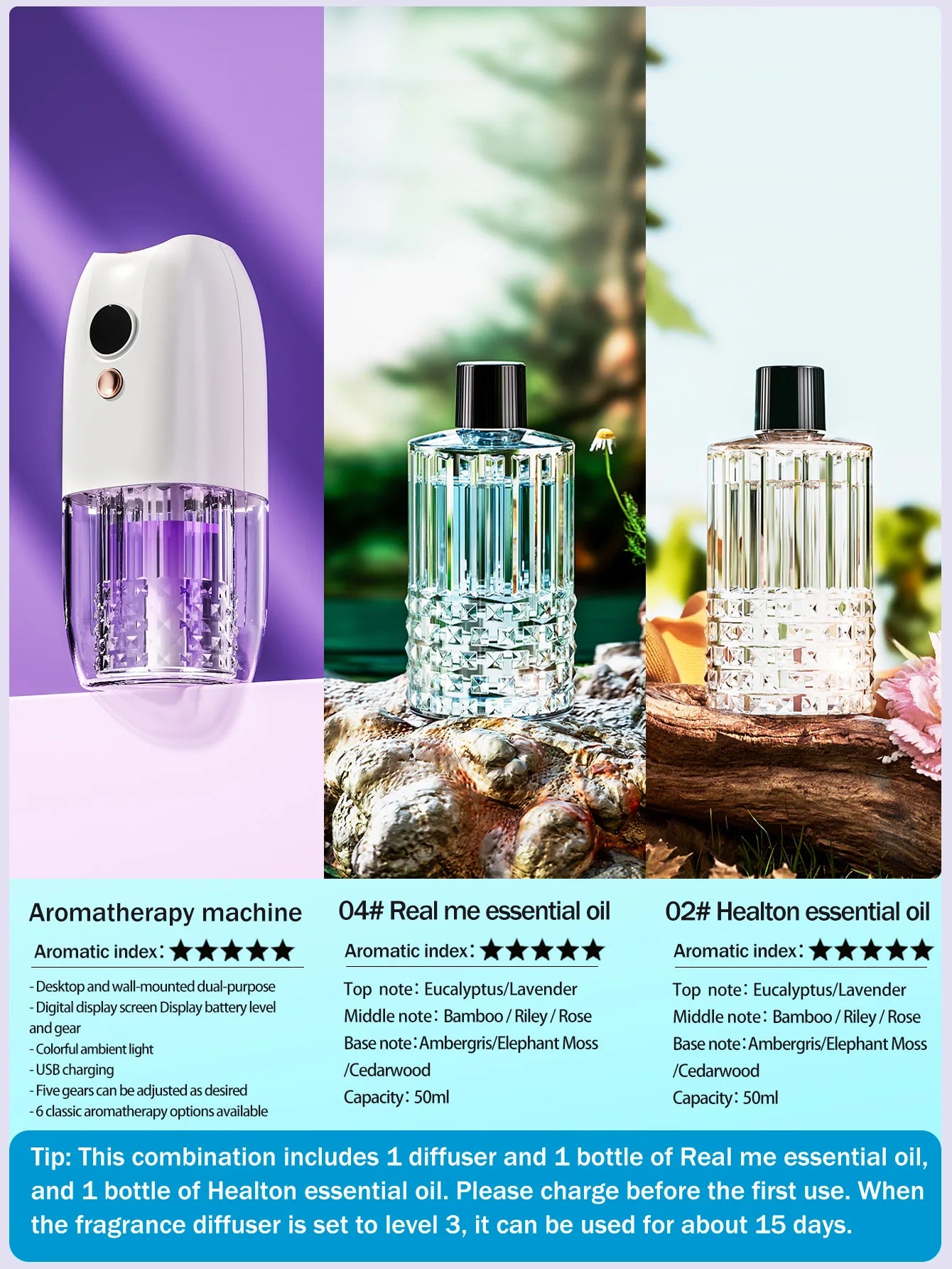Multifunctional rechargeable portable essential oil diffuser Multiple aroma aromatherapy essential oils can be used in home cars