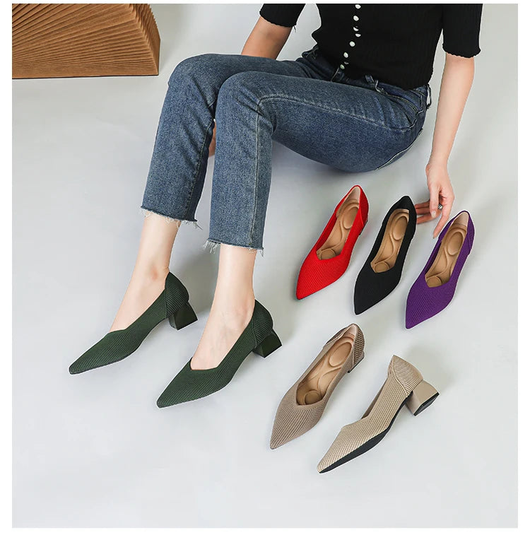2025 New Women's High Heels Large 42/43 Fashion Pointed Anti slip Rubber Bottom Knitted Breathable Shoes