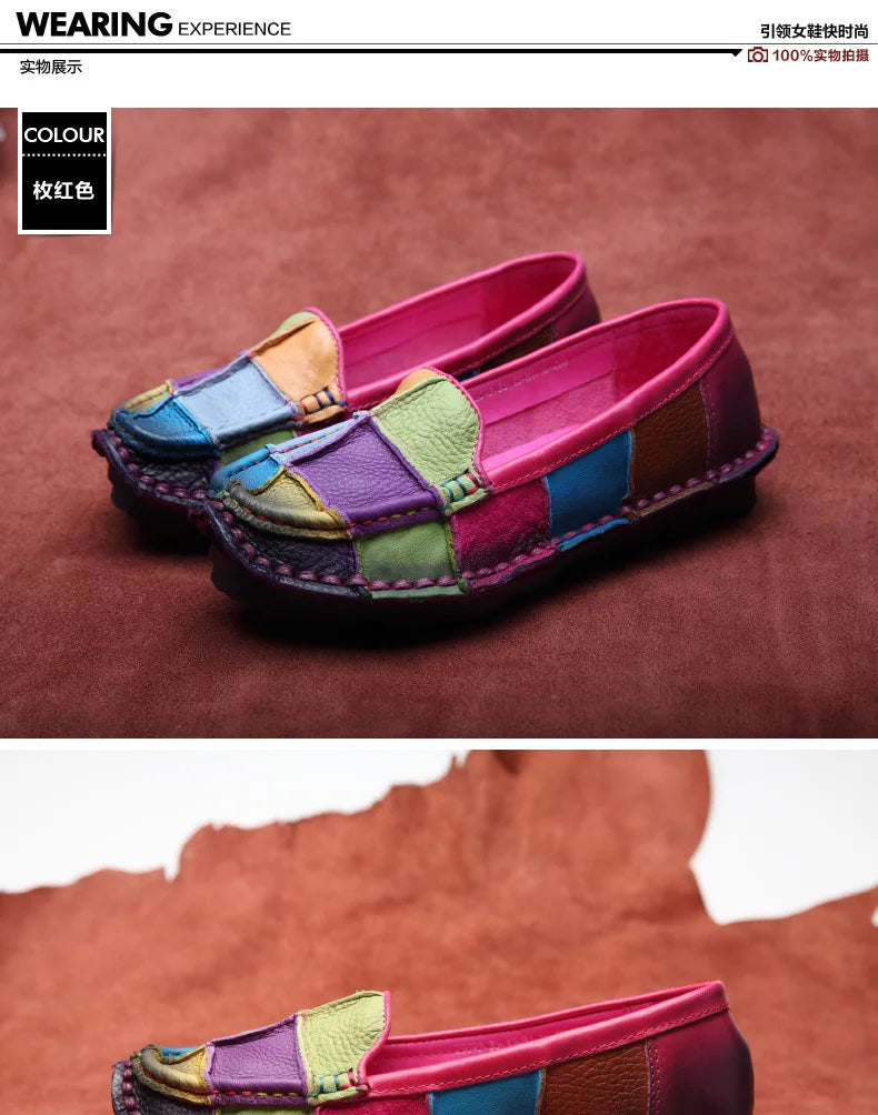 Koznoy 2.5cm Native Flats Shoes Women Natural Cow Genuine Leather Big Size Mixed Color Soft Soled Loafer Ethnic Moccasins Comfy