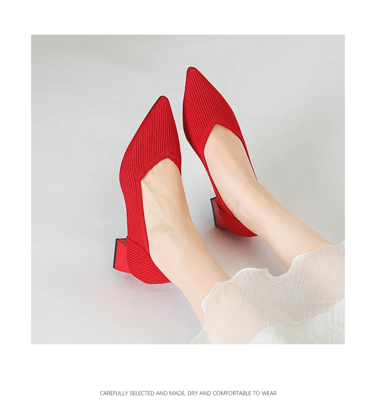 2025 New Women's High Heels Large 42/43 Fashion Pointed Anti slip Rubber Bottom Knitted Breathable Shoes