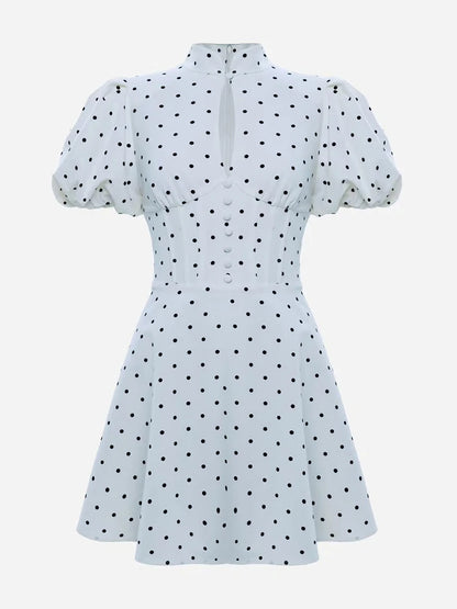 Retro Polka Dot Mini A-line Dress Elegant Stand Collar Puff Short Sleeve Waist-cinching Dresses 2026 New Lady Party Gowns