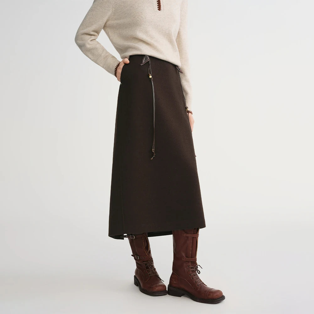 DUSHU Classic Long and Short Elastic Waist A-line Skirt 2025 Winter Skirt for Women Solid Simple Commuting Office Ladies College