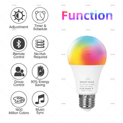Tuya Bluetooth LED Bulb Dimmable 15W 18W E27 B22 220V RGBCW Color Change Lamps  Smart Life APP Group Control Music Rhythm Timing