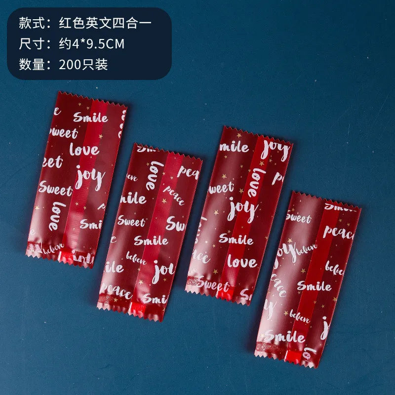 200Pcs 9x4cm Happy New Year Nougat Candy Sugar Bags Handmade DIY Gift Plastic Machine Sealed Packing